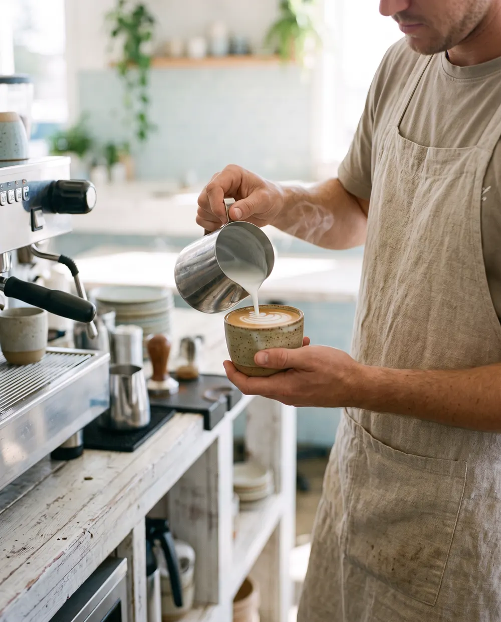 Barista pouring steamed milk