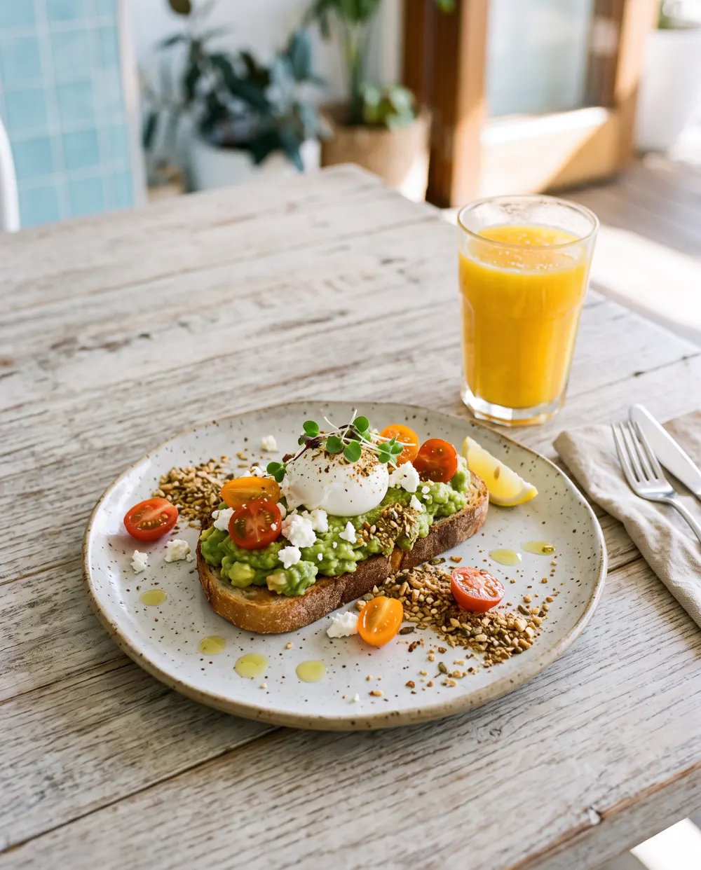 Smashed avocado on sourdough with a poached egg