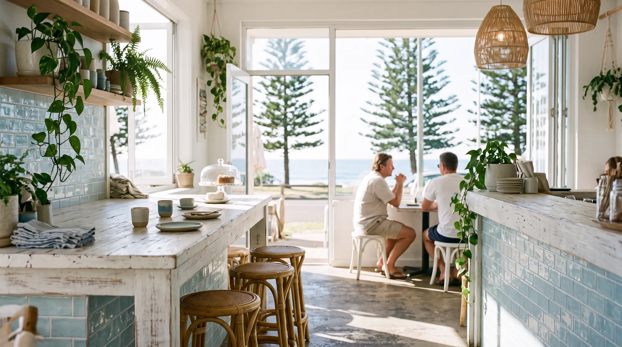 Sunlit café counter with pale blue tiles and an ocean view through the window