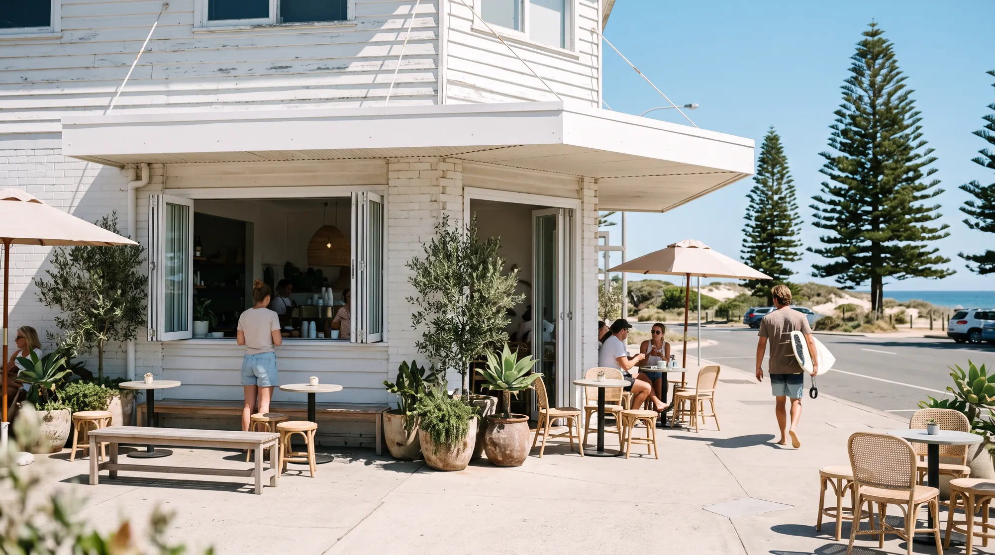 Footpath tables outside the café near the beach