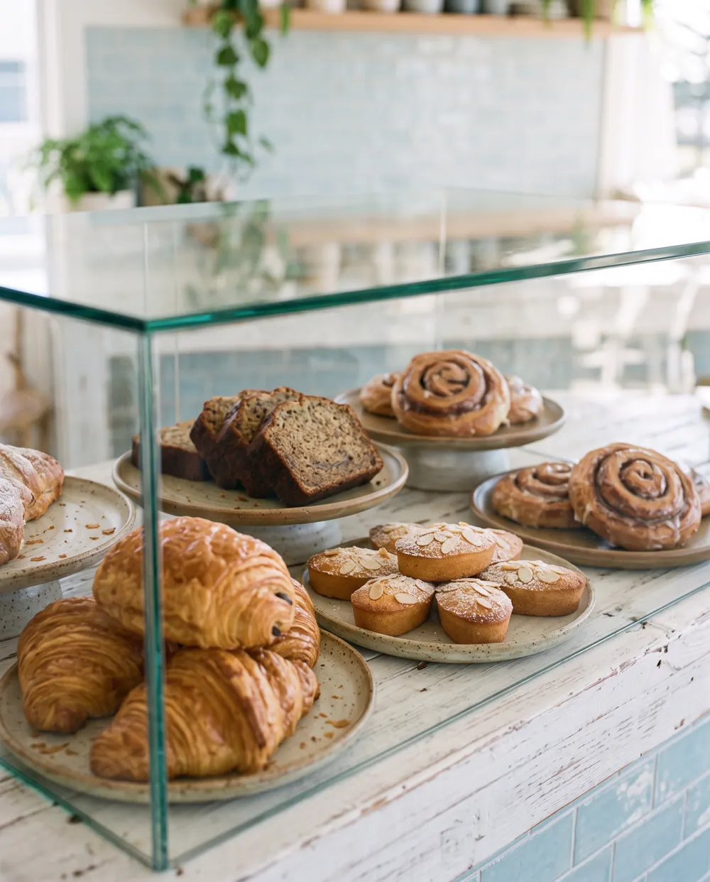 Croissants, banana bread and cinnamon scrolls in the counter